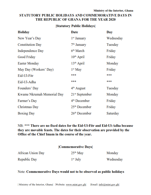 Statutory Public Holidays And Commemorative Days In The